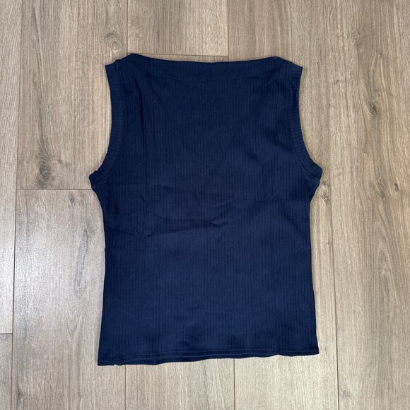 J.Crew Premium Rib Side Button Top WMNS M Navy Blue Boat Neck Sleeveless Stretch - Picture 4 of 6